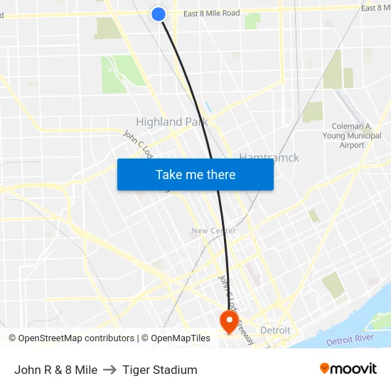 John R & 8 Mile to Tiger Stadium map