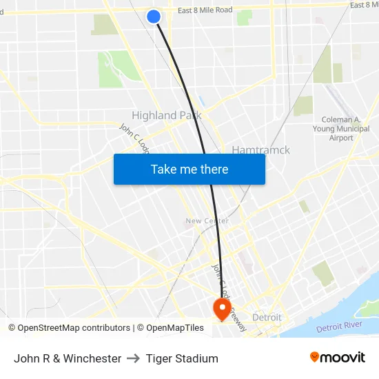John R & Winchester to Tiger Stadium map