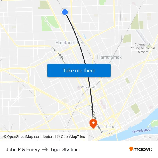John R & Emery to Tiger Stadium map