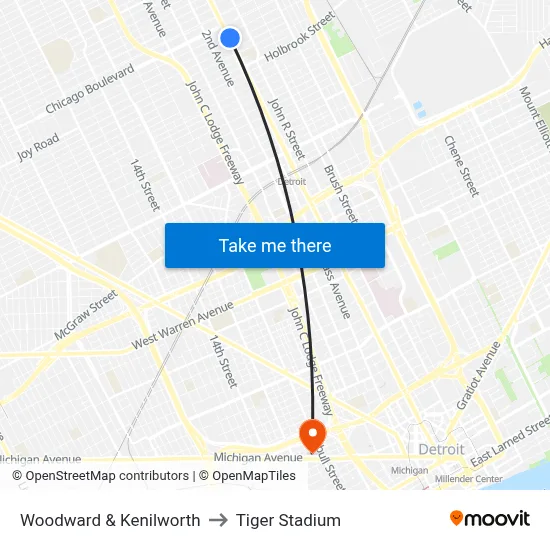Woodward & Kenilworth to Tiger Stadium map