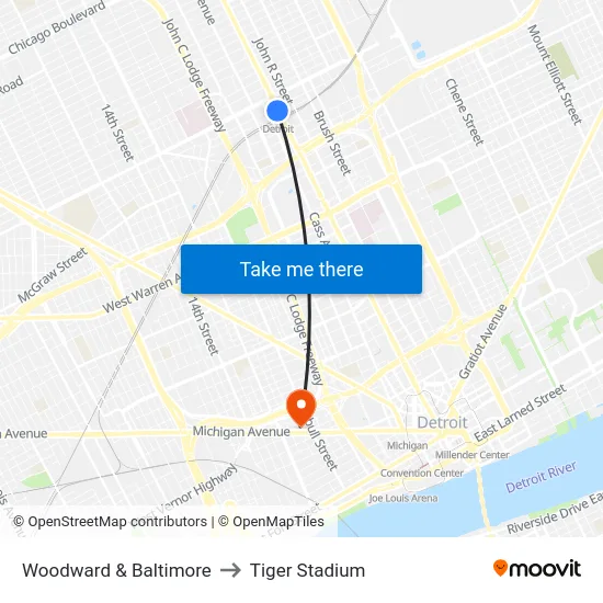 Woodward & Baltimore to Tiger Stadium map