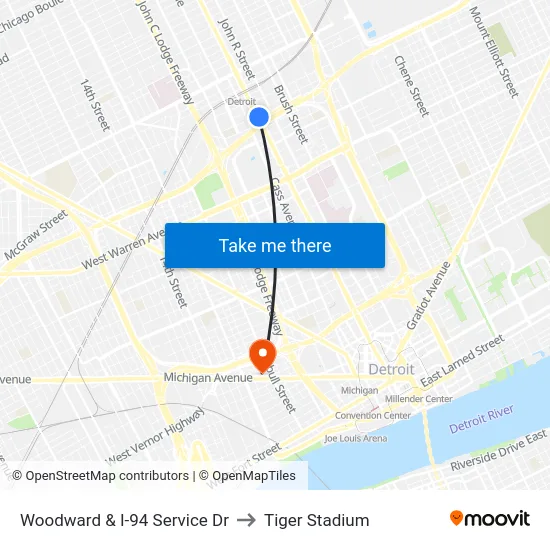 Woodward & I-94 Service Dr to Tiger Stadium map
