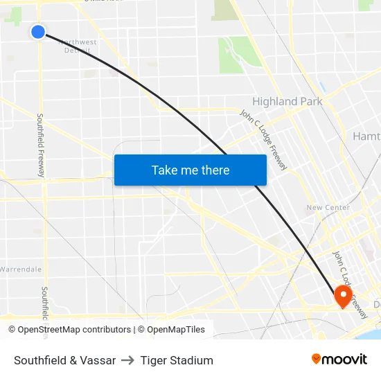 Southfield & Vassar to Tiger Stadium map