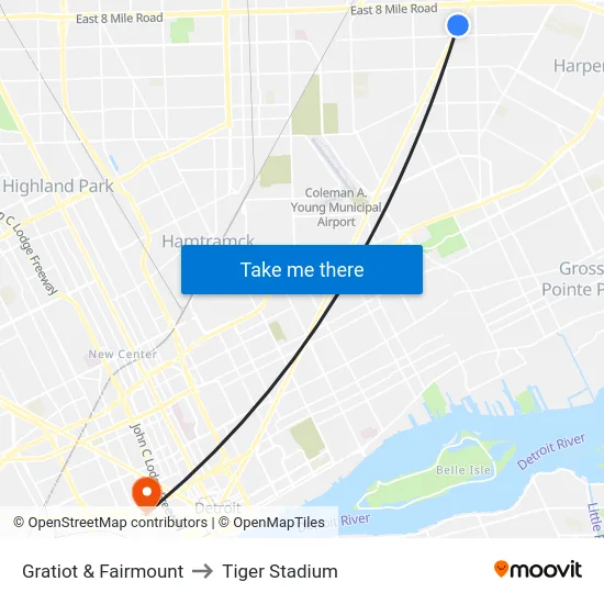 Gratiot & Fairmount to Tiger Stadium map