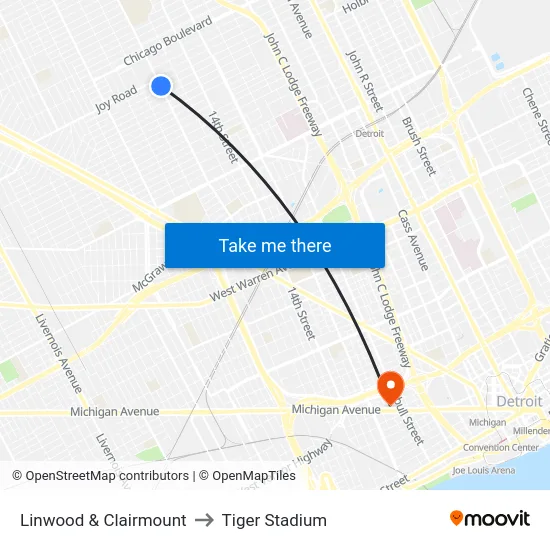 Linwood & Clairmount to Tiger Stadium map