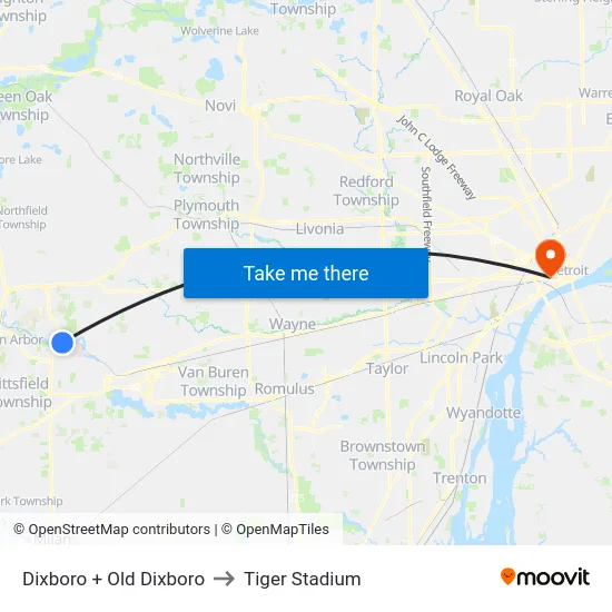 Dixboro + Old Dixboro to Tiger Stadium map