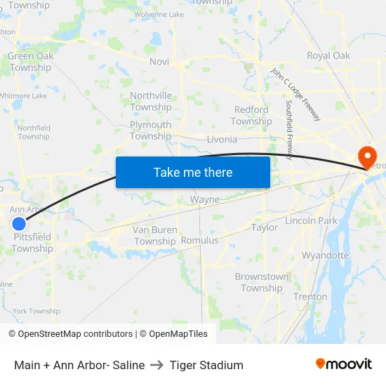 Main + Ann Arbor- Saline to Tiger Stadium map