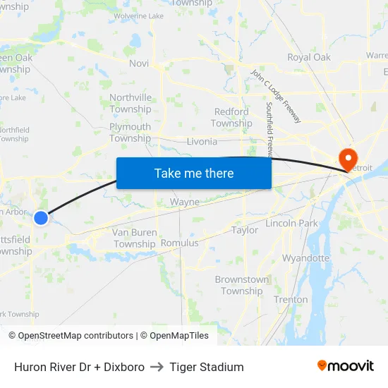 Huron River Dr + Dixboro to Tiger Stadium map