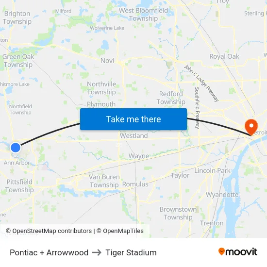 Pontiac + Arrowwood to Tiger Stadium map