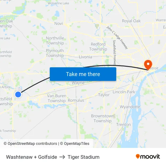Washtenaw + Golfside to Tiger Stadium map