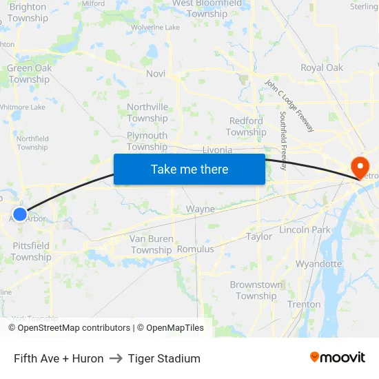 Fifth Ave + Huron to Tiger Stadium map