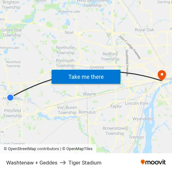 Washtenaw + Geddes to Tiger Stadium map