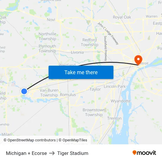 Michigan + Ecorse to Tiger Stadium map