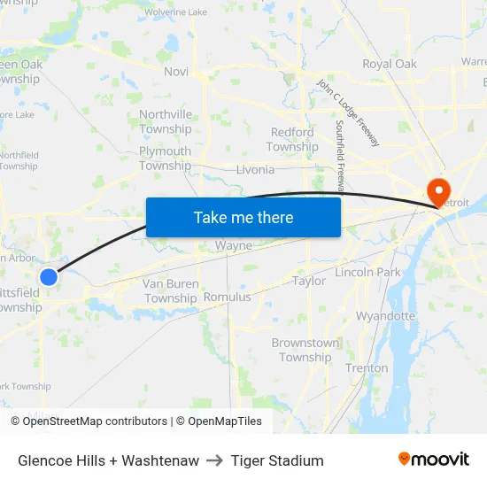 Glencoe Hills + Washtenaw to Tiger Stadium map