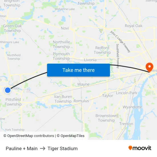 Pauline + Main to Tiger Stadium map