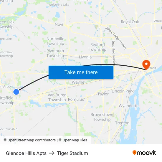 Glencoe Hills Apts to Tiger Stadium map