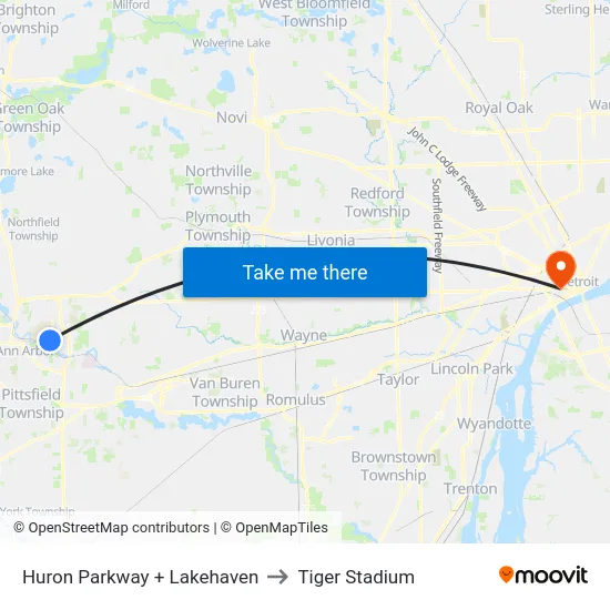 Huron Parkway + Lakehaven to Tiger Stadium map