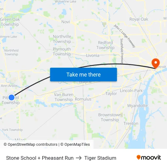 Stone School + Pheasant Run to Tiger Stadium map