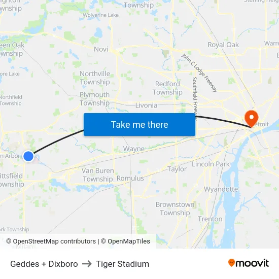 Geddes + Dixboro to Tiger Stadium map