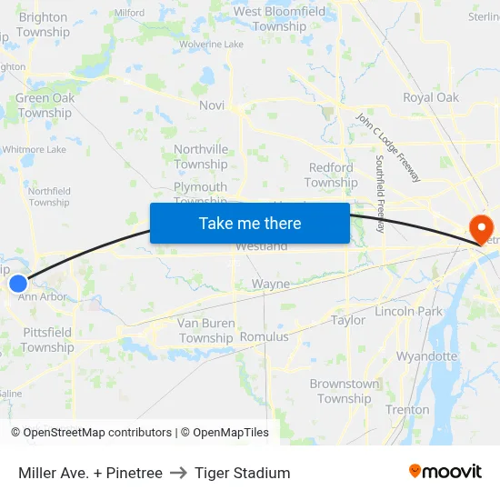 Miller Ave. + Pinetree to Tiger Stadium map