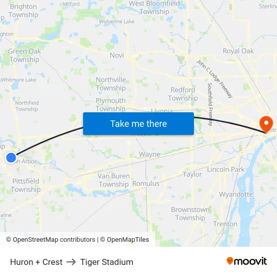 Huron + Crest to Tiger Stadium map