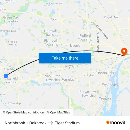 Northbrook + Oakbrook to Tiger Stadium map