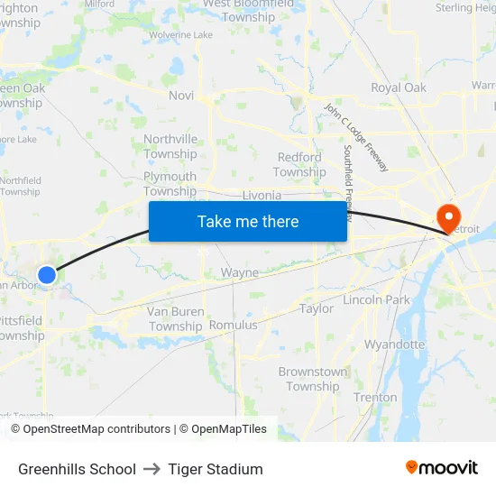 Greenhills School to Tiger Stadium map
