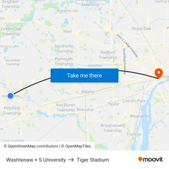 Washtenaw + S University to Tiger Stadium map