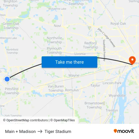 Main + Madison to Tiger Stadium map