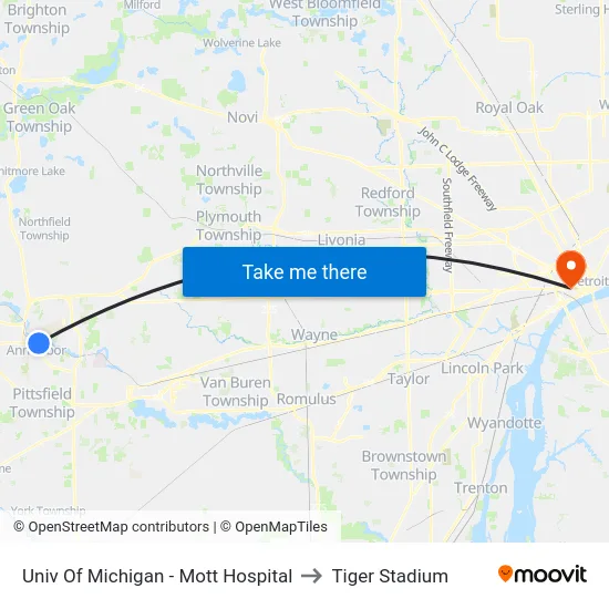 Univ Of Michigan - Mott Hospital to Tiger Stadium map