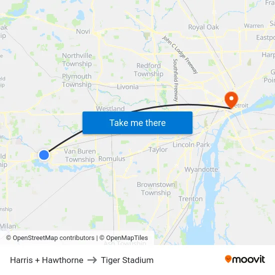 Harris + Hawthorne to Tiger Stadium map