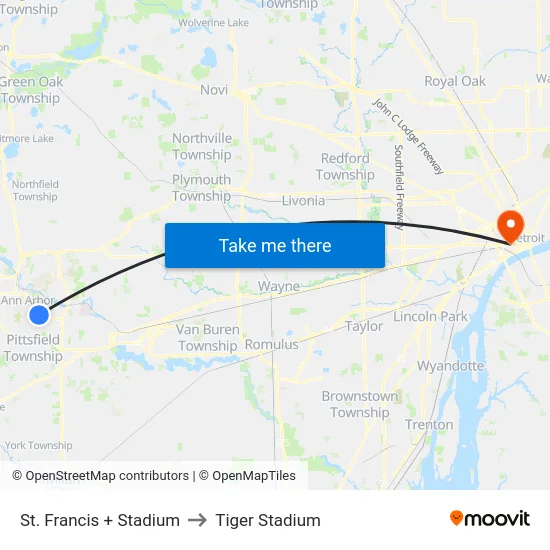 St. Francis + Stadium to Tiger Stadium map