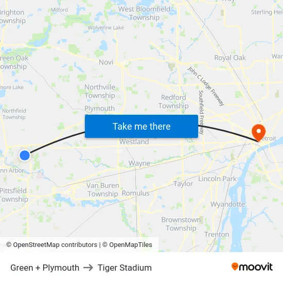 Green + Plymouth to Tiger Stadium map