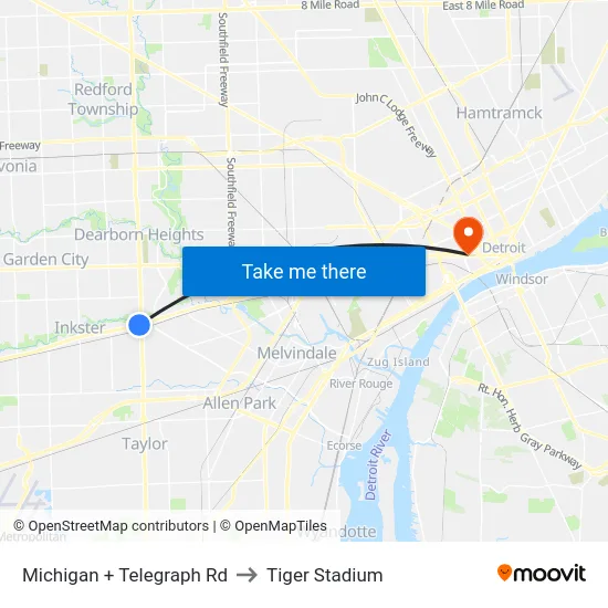 Michigan & Telegraph to Tiger Stadium map