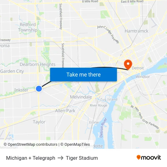 Michigan & Telegraph to Tiger Stadium map