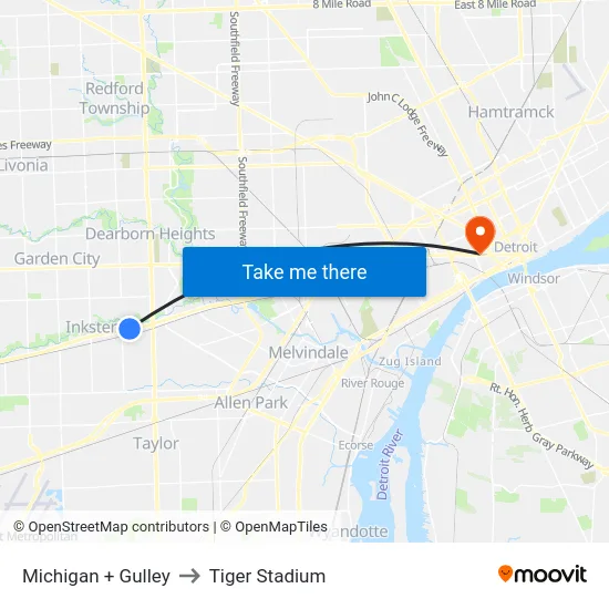 Michigan + Gulley to Tiger Stadium map