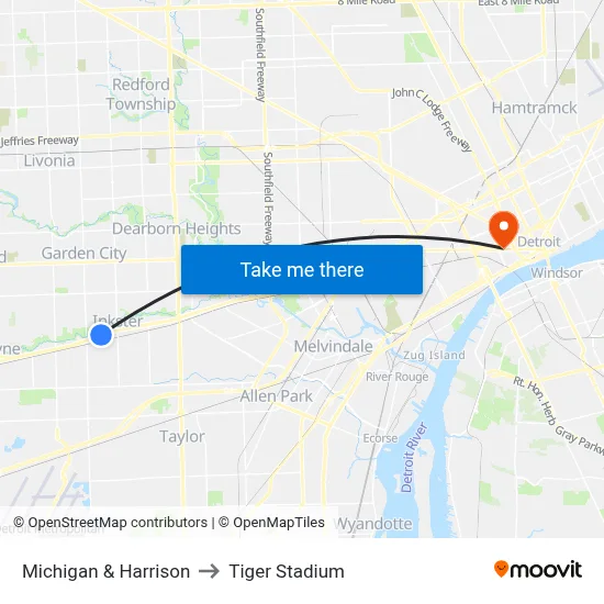 Michigan & Harrison to Tiger Stadium map