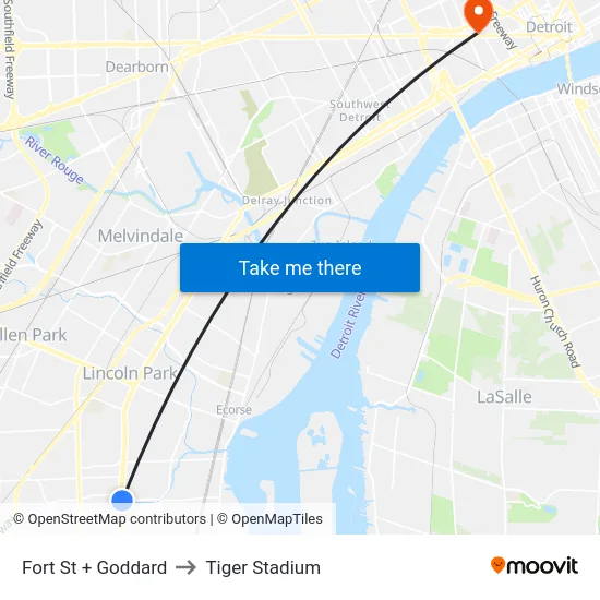 Fort St + Goddard to Tiger Stadium map