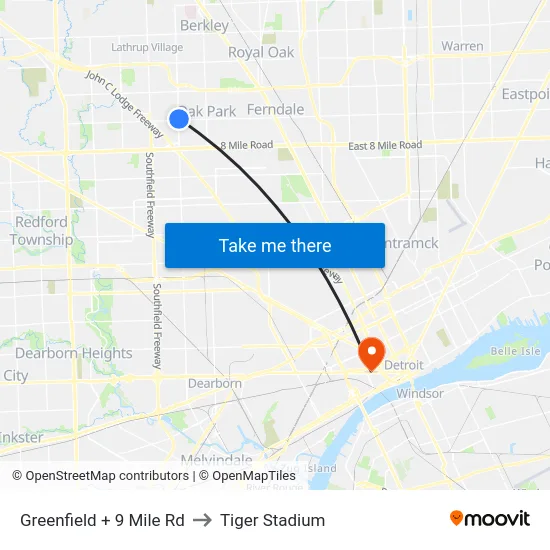 Greenfield + 9 Mile Rd to Tiger Stadium map