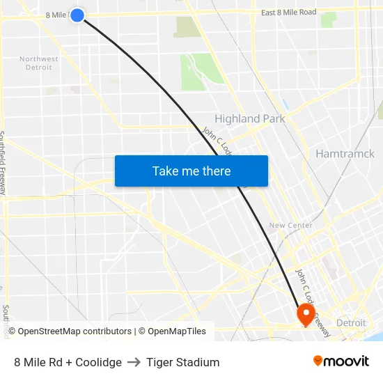 8 Mile Rd + Coolidge to Tiger Stadium map