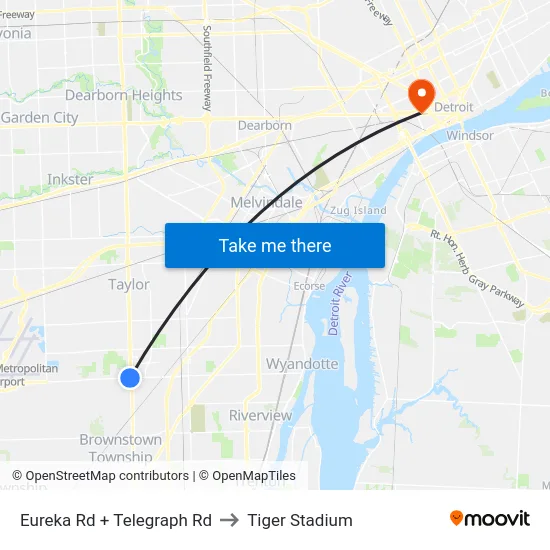 Eureka Rd + Telegraph Rd to Tiger Stadium map