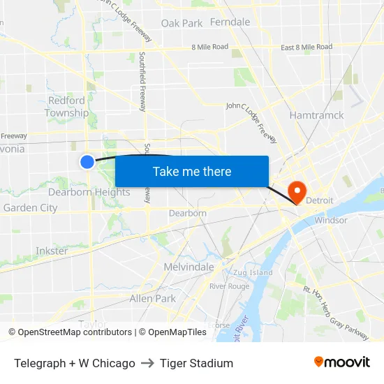 Telegraph + W Chicago to Tiger Stadium map