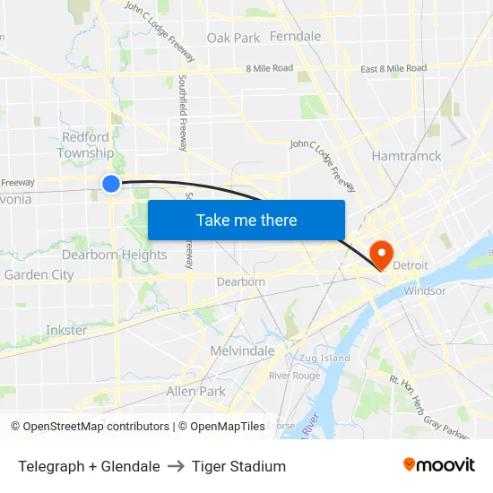 Telegraph + Glendale to Tiger Stadium map