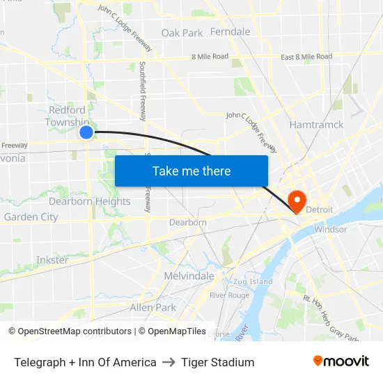 Telegraph + Inn Of America to Tiger Stadium map