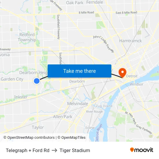 Telegraph + Ford Rd to Tiger Stadium map