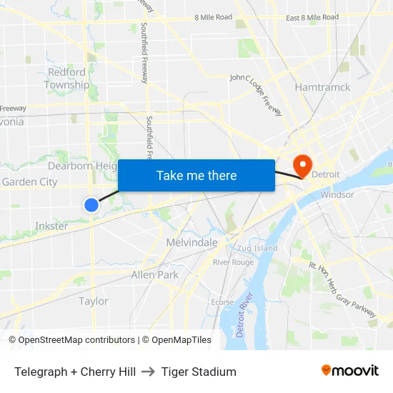 Telegraph + Cherry Hill to Tiger Stadium map