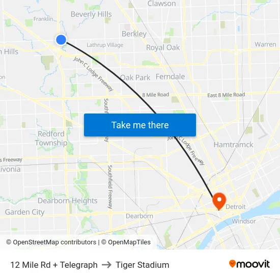 12 Mile Rd + Telegraph to Tiger Stadium map