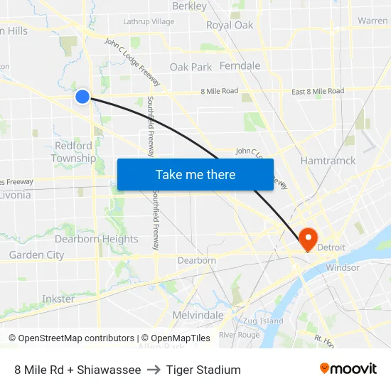 8 Mile Rd + Shiawassee to Tiger Stadium map