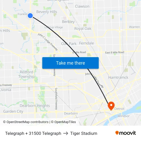 Telegraph + 31500 Telegraph to Tiger Stadium map