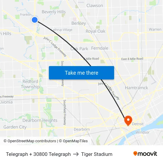 Telegraph + 30800 Telegraph to Tiger Stadium map